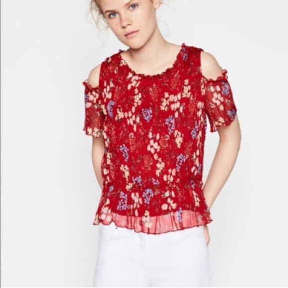 Zara Tops - Zara Basic Collection Cold Shoulder Floral Red Top